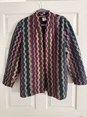 Vintage Multicolor Striped Crochet Open Cardigan - Teal, Plum, Pink, Brown